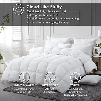 Luxurious White Solid Medium Weight, Oversize California King Size Goose Feathers Down Comforter for All-Season, 108 X 98 inches, Premium Baffle Box, 100% Egyptian Cotton Cover, 80 oz. Fill Weight