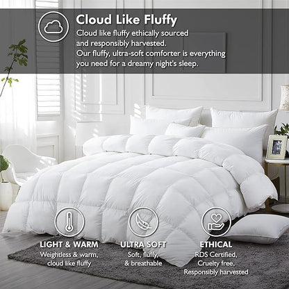 Luxurious White Solid Medium Weight, Palatial King Size Goose Feathers Down Comforter for All-Season Weather, 120 X 98 inches, Premium Baffle Box, 100% Egyptian Cotton Cover, 85 oz. Fill Weight
