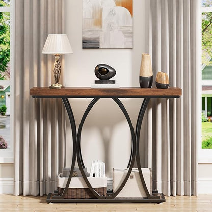 JUSTOGO 41.3" Industrial Entryway Table, Narrow Wood Sofa Console Table with Geometric Metal Legs and Ellipse Base, Living Room Furniture for Foyer, Hallway, Entrance, Rustic Brown