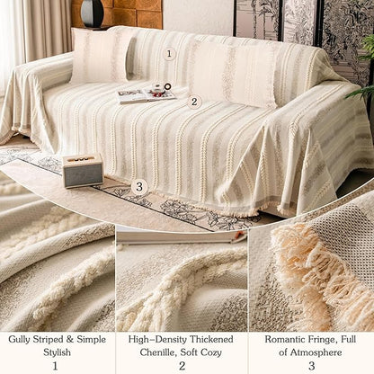 Couch Cover for Dogs Washable Sofa Cover, Sectional Couch Covers, Sofa Covers for 2 Cushion Couch, Non Slip Stripe Sofa Slipcovers Furniture Protector, Couch Protector from Cat Claws, Beige,71''x150''