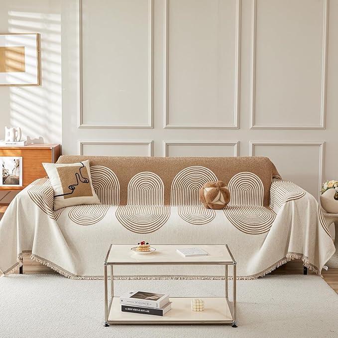 STACYPIK Modern Beige Geometric Couch Cover for Dog Boho Reversible Sofa Covers for 3 Cushion Couch Washable Furniture Protector Chenille Sofa Slipcover Loveseat Cover Multi-Use Throw Blanket-71X150IN