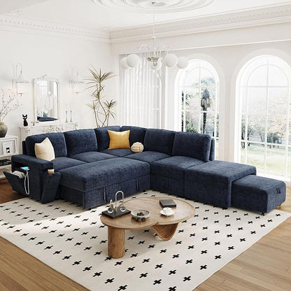 Merax L-Shaped Modular Sectional Sofa with Removable Storage Ottoman, USB Ports and Cup Holder, 6-Seats Upholstered Couch & Armrest, Free Combination Indoor Furniture for Living Room, Apartments, Blue