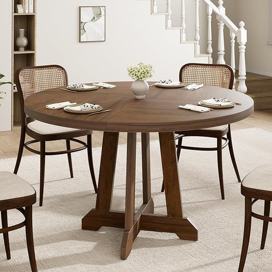 Round Dining Table for 4, 47 Inch Wooden Circle Dinner Table with Sturty Legs, 4 Parts of Tabletop, Round Pedestal Kitchen Tables for Dining Room, Kitchen, Living Room, Brown