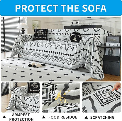 LUFEIJIASHI Boho Couch Covers for Sofa Non Slip Sofa Covers Washable Couch Covers for 3 Cushion Couch Sofa Pet Friendly Sectional Couch Cover Blanket Furniture Protector for Dogs (Black, 91"x134")