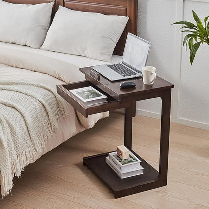 CozyDH Rolling Side Table with Wheels, Adjustable C Shaped End Table for Couch, Solid Wood TV Tray Sofa Arm Table for Eating Multi-Purpose, Small Coffee Table Living Room Bedroom, Walnut