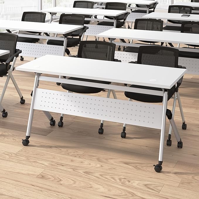 Bush Business Furniture Folding Training Table Set for 2, 60 inch Desk with Powered Grommets and 2 Chairs with Arms, Commercial-Grade Bundle for Office or Classroom, Envision Collection, White