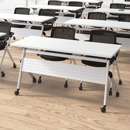 Bush Business Furniture Folding Training Table Set for 2, 60 inch Desk with Powered Grommets and 2 Chairs with Arms, Commercial-Grade Bundle for Office or Classroom, Envision Collection, White