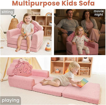 TinyPalsa Kids Couch, Convertible Sofa to Lounger Fold Out, Pink Unicorn Design Chair for Toddlers 1-3, Gift for Birthday, Movie Night
