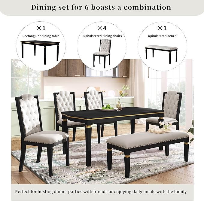 Merax 6-Piece Kitchen Dining Table Set, 62.7" Rectangular with 4 High-Back Tufted Chairs & 1 Bench for Kitchen Room, Black