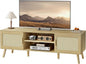 SUPERJARE Boho TV Stand for 65 Inch TV, Entertainment Center with Adjustable Shelf, Rattan TV Console with 2 Cabinets, Media Console, Solid Wood Feet, 4 Cord Holes, for Living Room - Natural