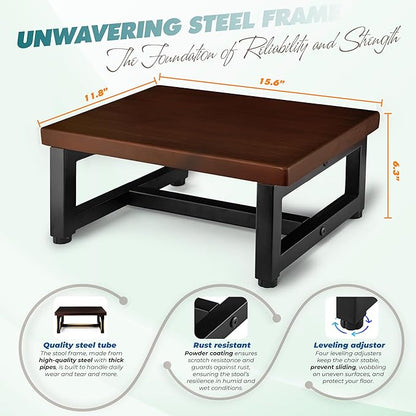 Wooden Step Stool – Heavy Duty One Step Stool for Adults, Supports Up to 500 lbs – Sturdy Wood and Steel Frame with Non-Slip Feet – Safe & Durable for Kitchen, Bathroom, Bedroom & More