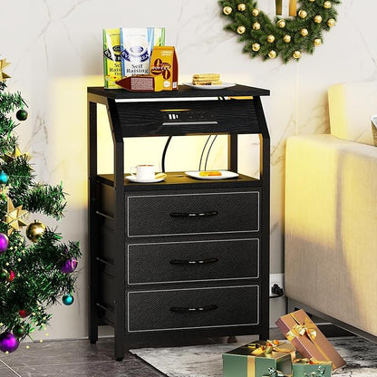 End Table with 3 Drawers, Nightstand with Charging Station and LED Lights, Small Fabric Dresser for Bedside, Storage Side Table for Living Room Dorm, Black
