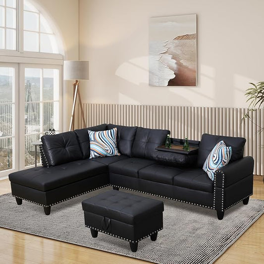 L Shaped Modular Sectional Sofa with Reversible Chaise Lounge, 5-Seater Corner Couch, PU Leather Convertible Sofá w/Movable Ottoman, Cup Holders, 2 Pillows and Rivet Ornament for Living Room