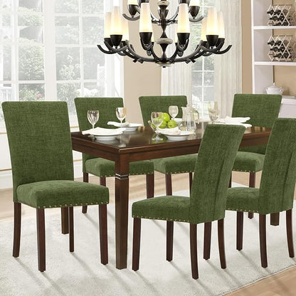 Parsons Dining Chairs Set of 6, Upholstered Nailhead Dining Room Kitchen Side Chair with Thick Cushions and Wood Legs, Green