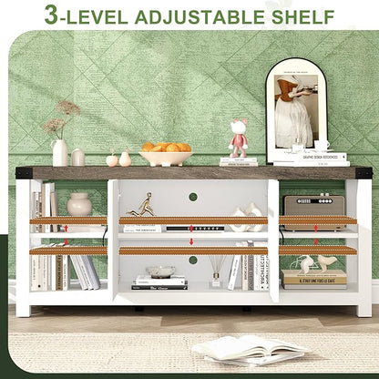TV Stand for 65 Inch TV, 60 Inch Entertainment Center with Storage, Farmhouse TV Console Table with Shelves, Wooden Media Console Cabinet with Doors, Modern TV Stand for Living Room, Bedroom - White