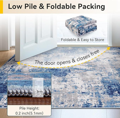 Washable Area Rugs 9'x12' Non-Slip Modern Abstract Soft for Living Room Entryway Bedroom, Print Pattern, Blue Grey Navy Gray