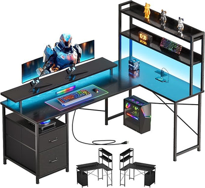 L Shaped Gaming Desk with Shelves,Reversible Computer Gaming Desk with LED Lights and Charging Station,Home Office Corner Desk with Monitor Stand,Black