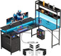 L Shaped Gaming Desk with Shelves,Reversible Computer Gaming Desk with LED Lights and Charging Station,Home Office Corner Desk with Monitor Stand,Black