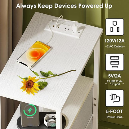 Fixwal Narrow Side Table with Charging Station and LED Light, Skinny Nightstand with 1 Fabric Drawer, Slim End Table for Bedroom, Dorm, Small Space, White