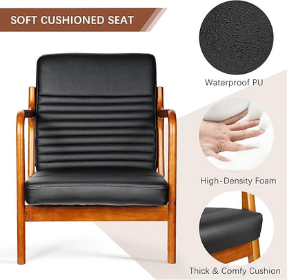 VECELO Mid-Century Modern Accent Chair with Faux Leather Cushion & Solid Wood Frame, Lounge Armchair for Living Room, Bedroom, Office, Black