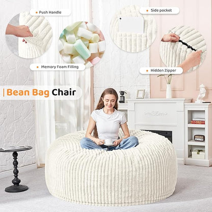 HABUTWAY 4FT Bean Bag Chair, 4' Large Bean Bag Chairs for Adults with Removable Stripe Plush Cover, Memory Foam Beanbag Chair for Living Room Bedroom Dorm (White)