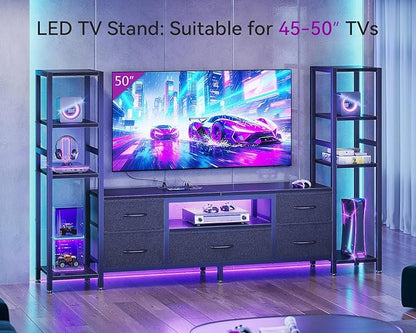 Casaottima 71" TV Stands for 43, 50, 55 Inch TV Entertainment Center with LED Lights and Power Outlets, TV Stand for Living Room with 5 Fabric Drawers & Shelf, TV Console Cabinet for Bedroom, Black
