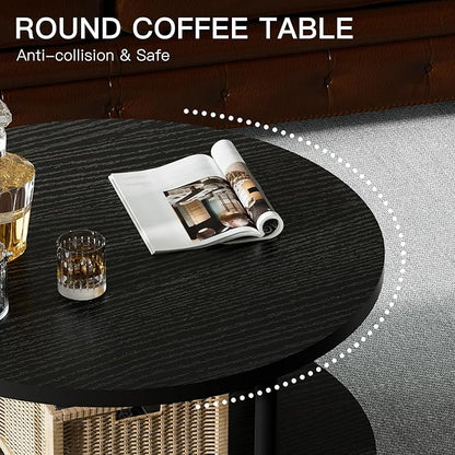 Round Coffee Table, 23.6" Circle Coffee Table for Living Room, 2-Tier Wood Accent Center Table with Open Storage Industrial Design Home Furniture, Black