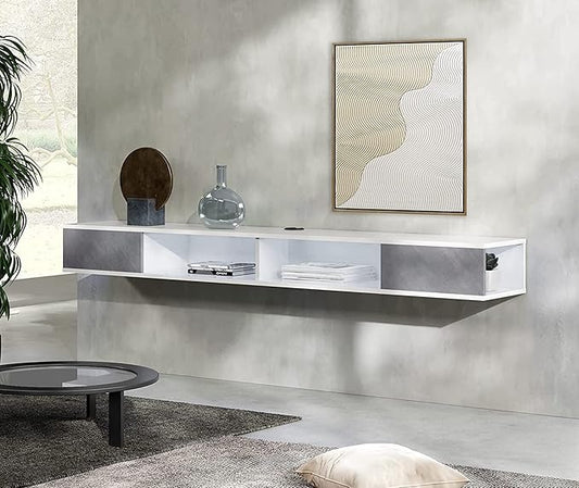 WAMPAT Floating 70in TV Stand, Entertainment Center Media Console, Wall Mounted Shelf Media Console Cabinet for Storage for 65/70/75 Inch TVs, White&Grey