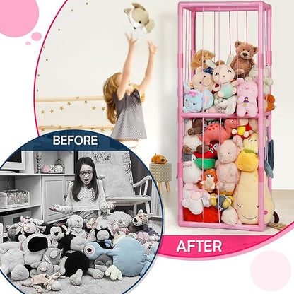 Stuffed Animal Zoo Storage Stuffed Animal Holder PVC Plush Storage Organizer Shelf with Elastic Band for Nursery Play Room Bedroom (Pink)