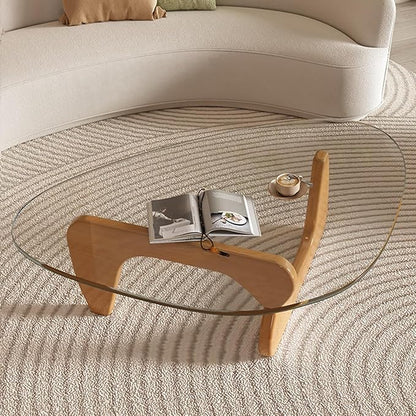 Mid Century Modern Glass Coffee Table, Small Coffee Table for Living Room, Elegant and Functional Coffee Tables, Suitable for Bedroom Living Room Reception Office Tables（Wood/Transparent，Small）