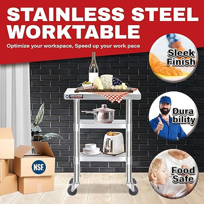 DuraSteel Stainless Steel Work Table 24" x 12" x 34" Height w/ 4 Caster Wheels - Food Prep Commercial Grade Worktable - NSF Certified - Good for Restaurant, Business, Warehouse, Home, Kitchen, Garage