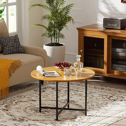 Round Coffee Table, Small Coffee Tables for Living Room, Wood Coffee Table with Metal Frame, Floor Table Desk for Sitting on The Floor, Home, Office, Farmhouse, Honey Brown (23.6"D x 17.7"H)