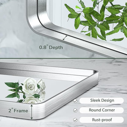 TokeShimi 55 x 30 Inch Brushed Silver Mirror Wall Mirror for Bathroom Metal Frame Decorative Rectangular Wall Mounted Home Decor Corner Hangs (Horizontal/Vertical)