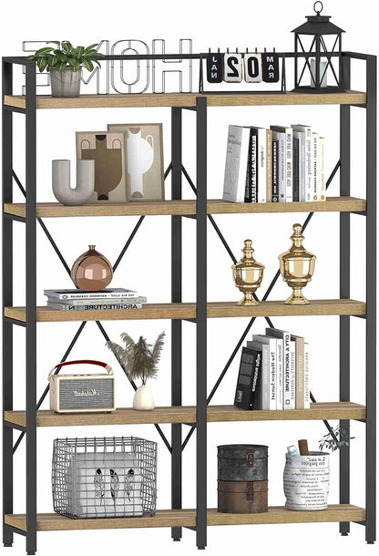 FATORRI Bookshelf, 5 Tier Industrial, Tall Etagere Bookcase, Rustic Wood and Metal Book Shelf with Large Open Shelving Unit for Home Office Living Room (Rustic Oak, 51 Inch Wide)
