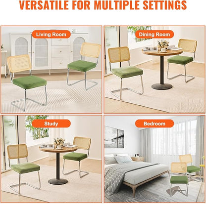 VEVOR Rattan Dining Chairs Set of 2, Mid Century Modern Dining Chair, Upholstered Velvet Accent Chair with Rattan Back, Retro Dining Room Kitchen Chair for Living Room, Bedroom (18.1 Inch)