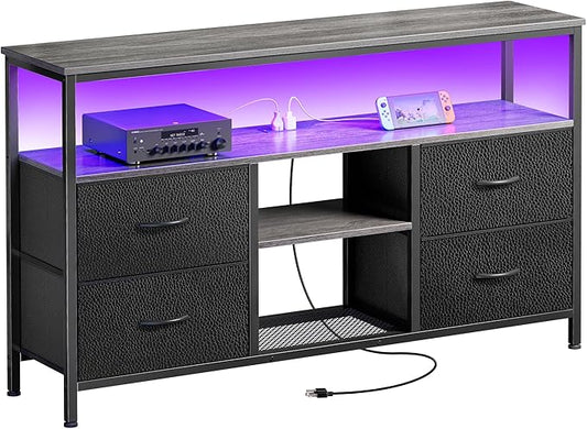 Huuger 47 Inch TV Stand Dresser with Power Outlets and LED Lights, 4 Drawers Entertainment Center with Open Shelf, Media Console for 55 50 Inch TV, Dresser with PU Finish, Grey and Black