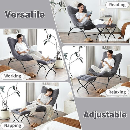 Welnow Accent Chair with Ottoman, Lounge Comfy Soft Leisure Metal Frame Reading Chair with Footrest, Upholstered Thick Cushion Seated Recliner Sofa for Living Room, Bedroom, Dorm, Dark