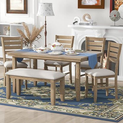 SogesPower 6-Piece Rustic Dining Table Set for 4-6,Rectangular Farmhouse Kitchen Table Set with 4 Chairs & 1 Bench for Dining Room Living Room,Natural Wood
