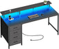 Huuger 55 Inch Computer Desk with Power Outlets and LED Lights, Gaming Desk with 4 Drawers, Office Desk with Monitor Stand, Study Work Home Office, Black