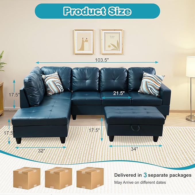 L Shaped Couch PU Leather Sectional Couch Upholstered 3 Pieces Sofas for Living Room with Chaise, Storage Ottoman for Office and Small Apartment, Peacock Blue