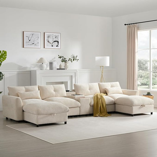 Merax 142'' Modular Sectional Sofa Set with Movable Storage Ottoman and Console, Cup Holder, Wide Seat, 6 Seat U Shaped Couch, Oversized Chenille Sofa with USB Charger for Living Room, Beige