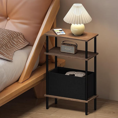 Narrow Side Table with Fabric Basket, Set of 2 End Table for Small Spaces, Slim Nightstand with 3-Tier Storage Shelf, Sofa Beside Table, for Living Room, Bed Room, Natrual Walnut