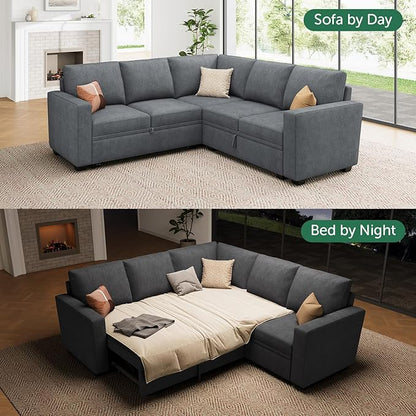 HONBAY Modular Sectional Sleeper Sofa with Pull Out Bed, Chenille L Shaped Couch with Storage Seats, Convertible Sectional Couches for Living Room, Bluish Grey