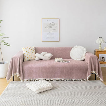 HANDONTIME Solid Boho Sofa Cover for 3 Cushion Couch - Pink-Purple Chenille Throw With Tassels for Dogs, 91" X 134", Mauve