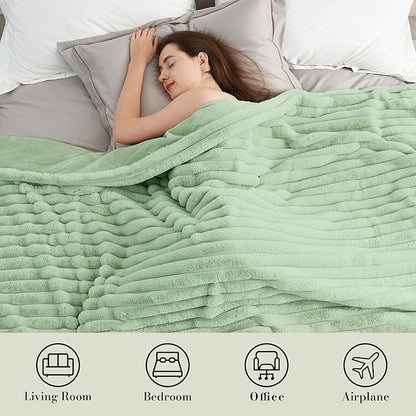 Amélie Home Faux Fur Throw Blanket for Couch, Cozy Fuzzy Fluffy Fur Luxurious Soft Striped Plush Gift Blankets for Family Sofa Chair Bed Living Room Bedroom, 55"x70", Sage Green