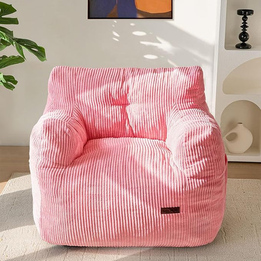 MAXYOYO Bean Bag Chair, Tufted Bean Bag Couch Lazy Chair, Living Room Sofa Couch with Filler for Adult Teens Kids, Corded Fabric Accent Sofa for Bedroom Dorm, Pink