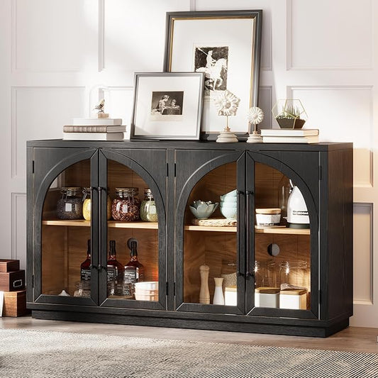 Merax Wood Farmhouse Buffet Sideboard with Adjustable Shelves and 4 Glass Doors, Coffee Bar Cabinet TV Stand for Living Room Bedroom Kitchen Black