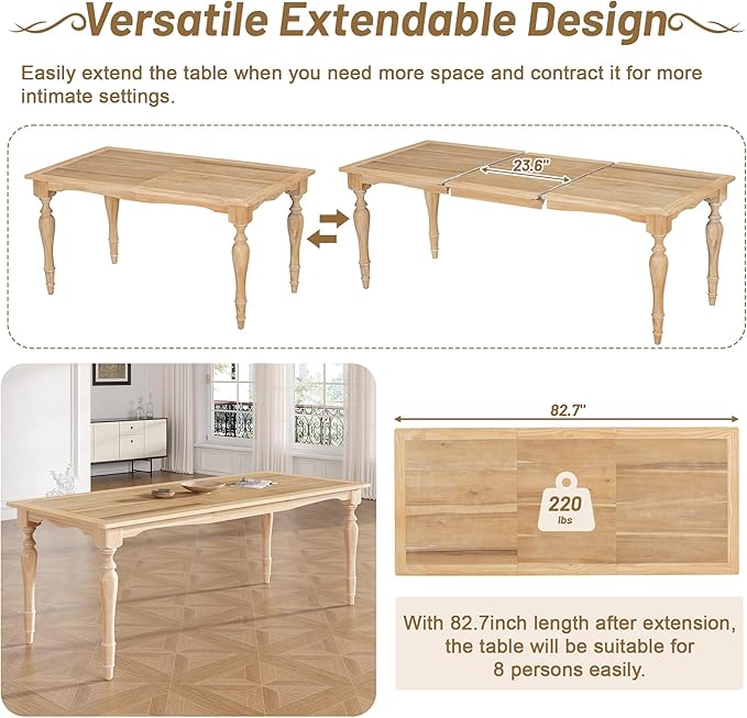 Ball & Cast 9-Piece 82.7inch Extendable Dining Table Set with 23.6inch Removable Leaf and 8 Upholstered Dining Chairs,Vintage Traditional Wood Kitchen Sets for 8,Family Gatherings,Natural