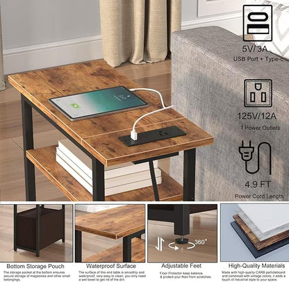 Narrow Side Table with Charging Station Set of 2, Small End Table for Small Spaces, Skinny Nightstands Set 2 with Storage Basket,Sofa Bedside Tables for Living Room,Bedroom, Rustic Brown