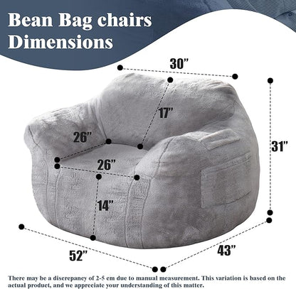 Large Bean Bag Chairs for Adults - Oversized Memory Foam Filled Bean Bag Sofa | Fluffy Adult Bean Bag Chair, Big Bean Bag Chairs for Living Room, Bedroom & Dorm - Gray